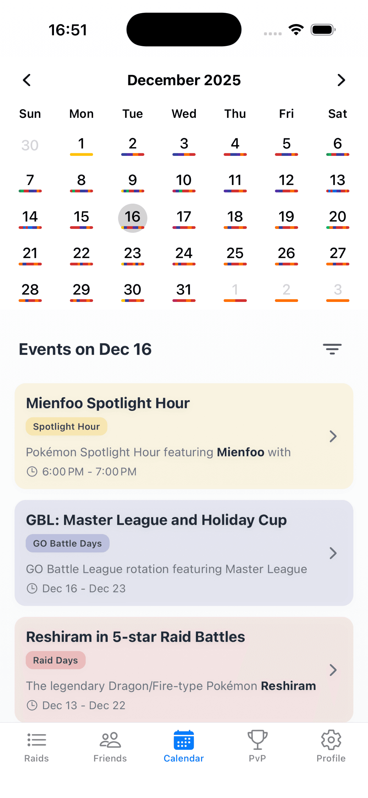 PokeParty Calendar Screen